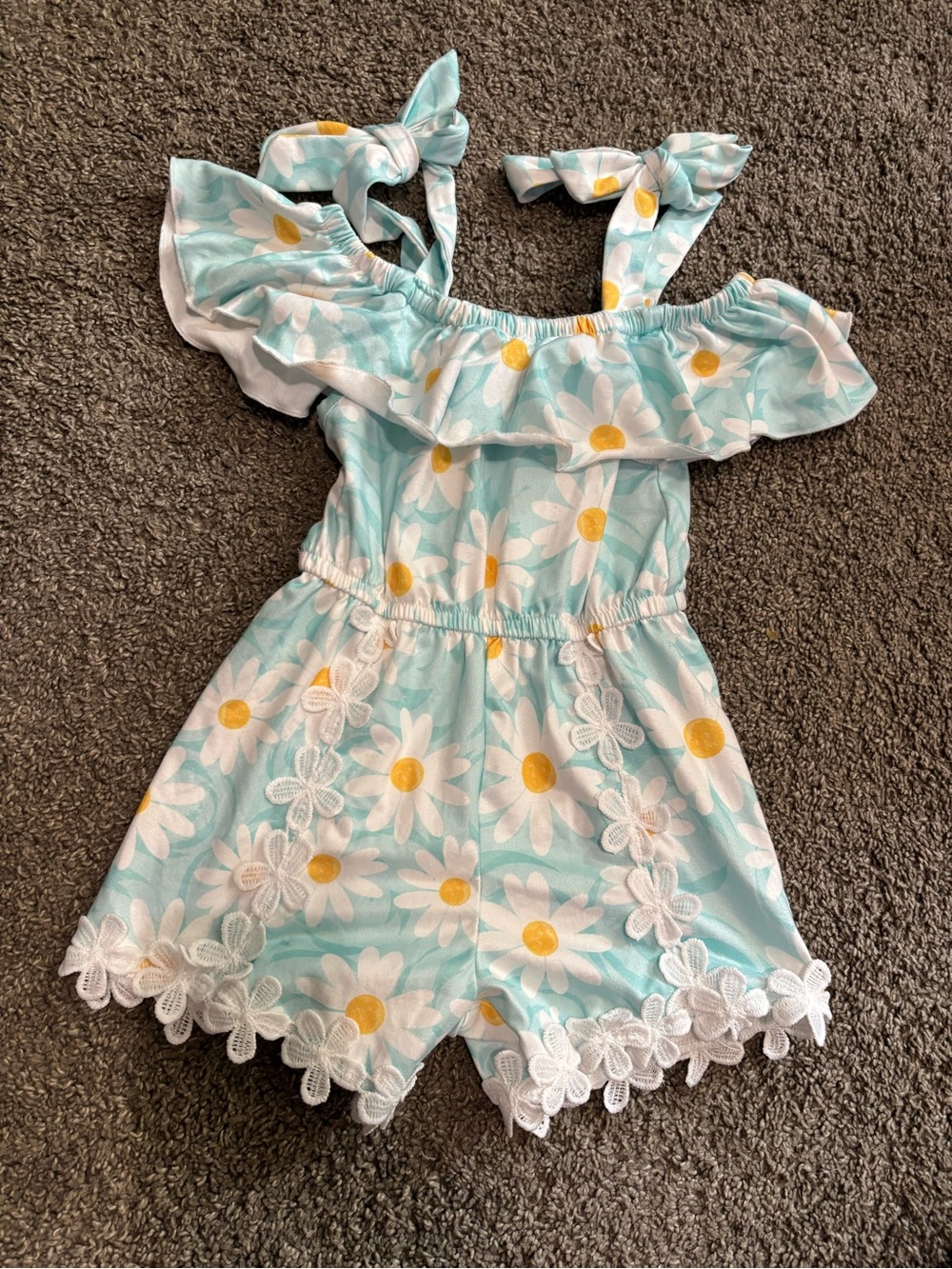 Aqua Daisy Lace Romper - Floral Off-Shoulder